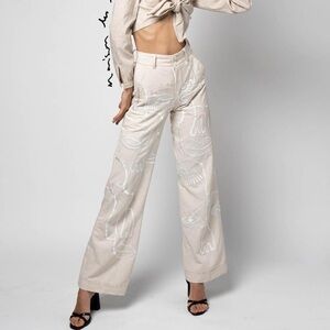 Maison Les Enerves- Tan Linen Face Stitched Wide Leg Pants